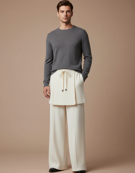 Pantalon Jupe Crème Laine Ample Superposé Élégant - Beige