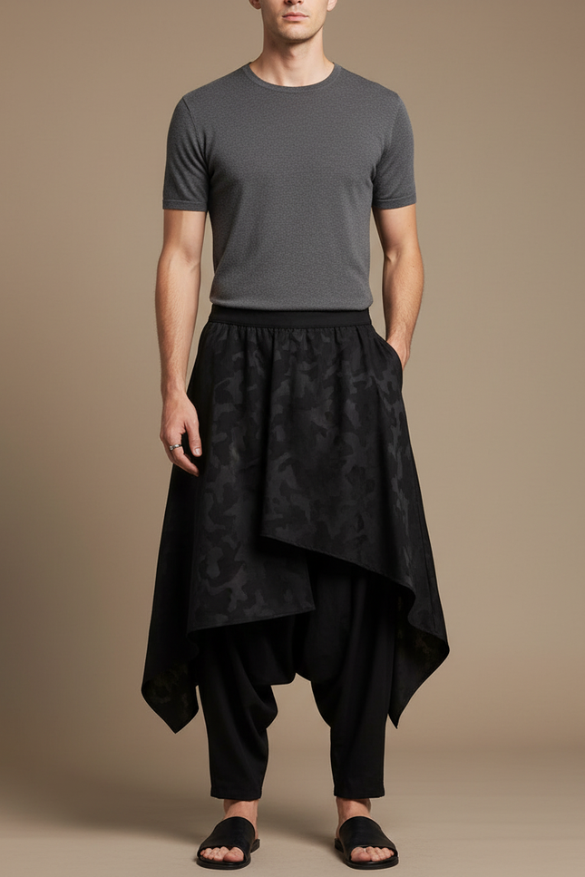 Pantalon Jupe Noir Ample Asymétrique Camouflage Homme - Polyester