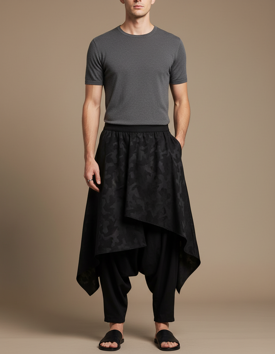 Pantalon Jupe Noir Ample Asymétrique Camouflage Homme - Polyester