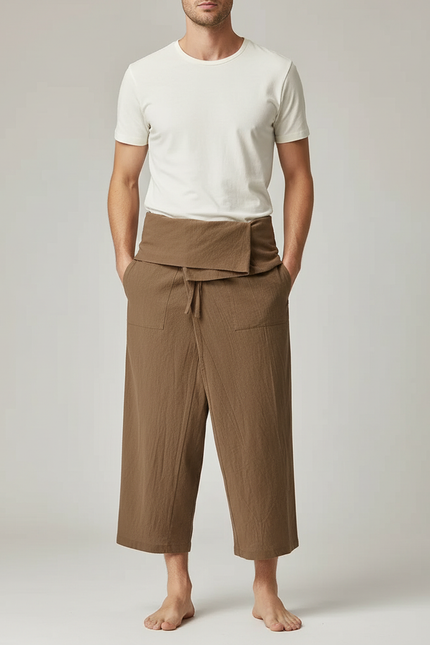 Pantalon Jupe Marron Lin Ample Décontracté Unisexe