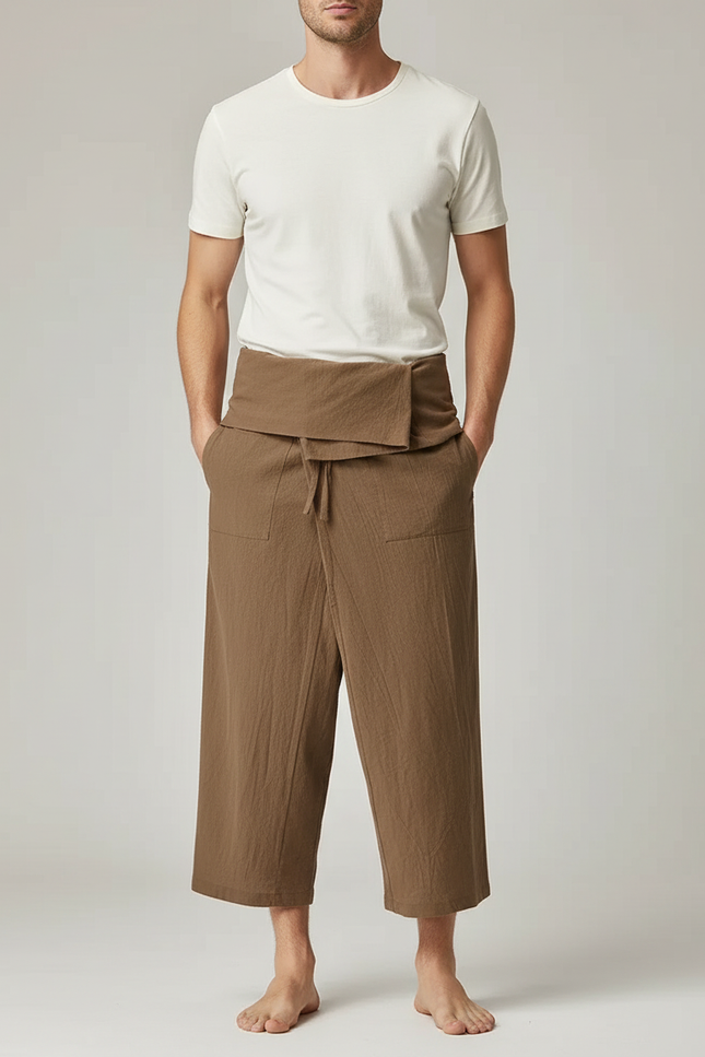 Pantalon Jupe Marron Lin Ample Décontracté Unisexe