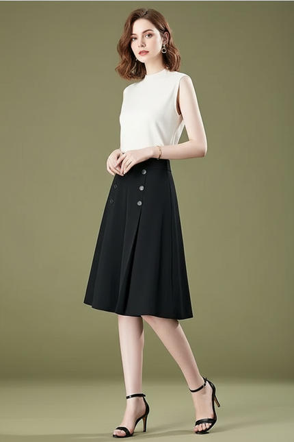 Pantalon Jupe Noir Boutons Plissé Élégant Décontracté - Polyester