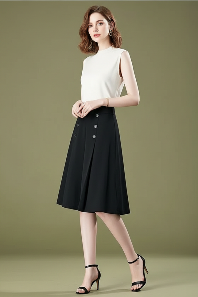 Pantalon Jupe Noir Boutons Plissé Élégant Décontracté - Polyester