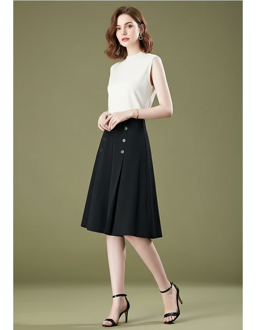 Pantalon Jupe Noir Boutons Plissé Élégant Décontracté - Polyester