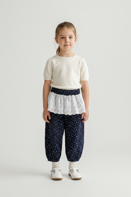 Pantalon Jupe Bleu Marine Floral Ample Enfant - Cordé