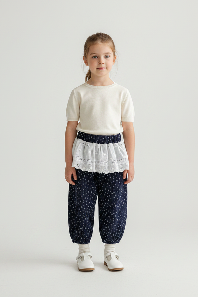 Pantalon Jupe Bleu Marine Floral Ample Enfant - Cordé