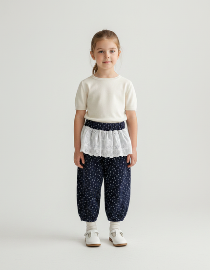 Pantalon Jupe Bleu Marine Floral Ample Enfant - Cordé