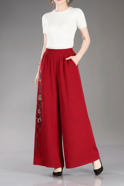 Pantalon Jupe Rouge Brodé Ample Fluide Élégant - Lin