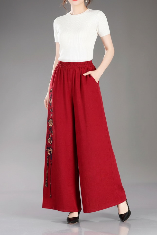 Pantalon Jupe Rouge Brodé Ample Fluide Élégant - Lin