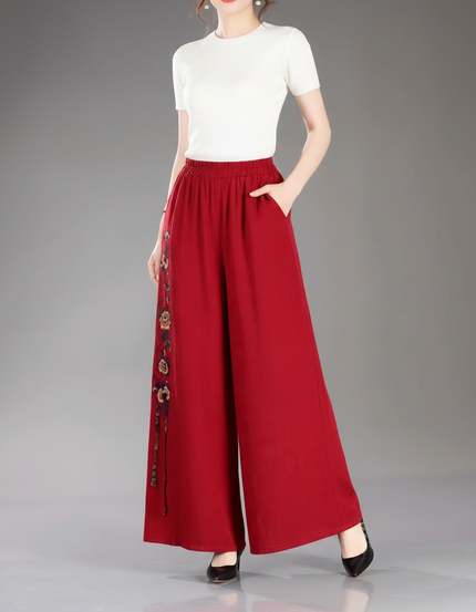 Pantalon Jupe Rouge Brodé Ample Fluide Élégant - Lin