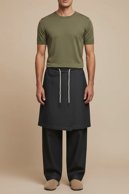 Pantalon Jupe Gris Anthracite Ample Drapé Homme - Laine