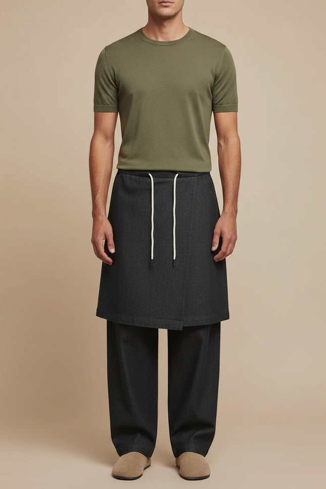 Pantalon Jupe Gris Anthracite Ample Drapé Homme - Laine