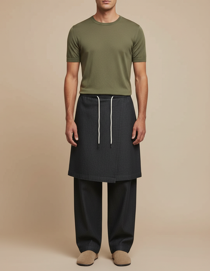 Pantalon Jupe Gris Anthracite Ample Drapé Homme - Laine
