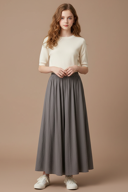 Pantalon Jupe Longue Ample Gris Décontracté Coton