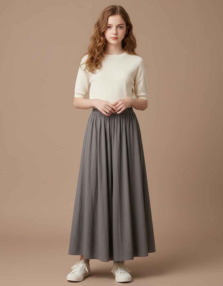 Pantalon Jupe Longue Ample Gris Décontracté Coton