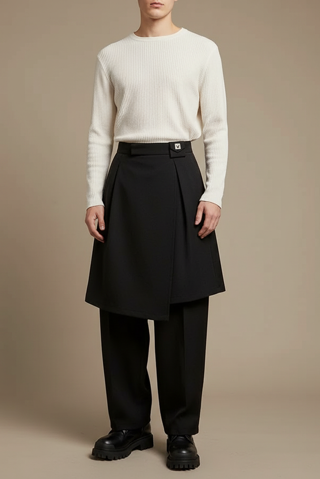 Pantalon Jupe Noir Plissé Ample Élégant Moderne Homme - Gabardine