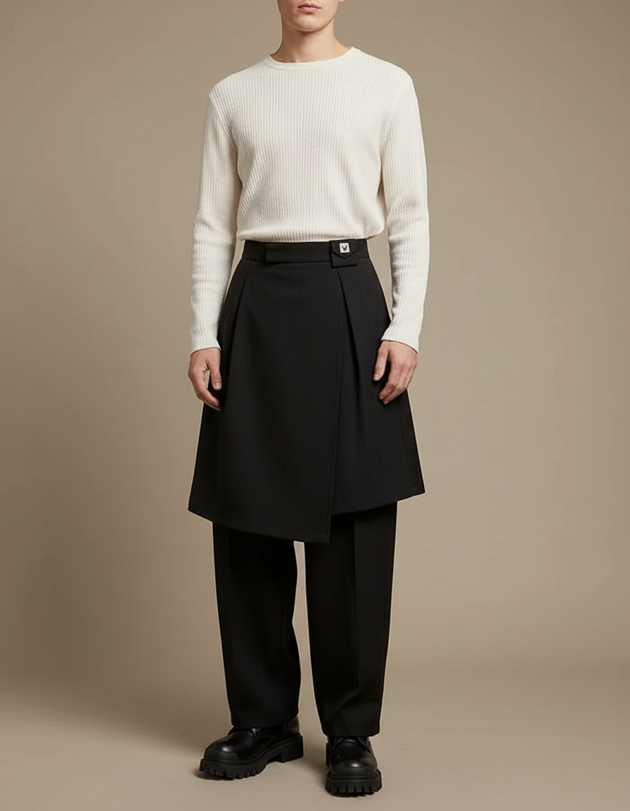 Pantalon Jupe Noir Plissé Ample Élégant Moderne Homme - Gabardine
