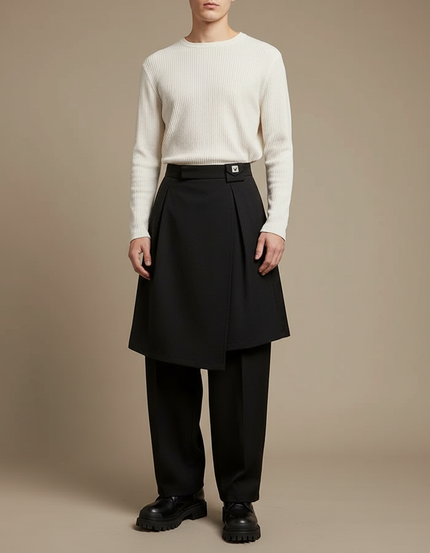 Pantalon Jupe Noir Plissé Ample Élégant Moderne Homme - Gabardine