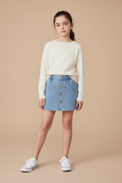Pantalon Jupe Denim Bleu Clair Boutons Fille - Jean