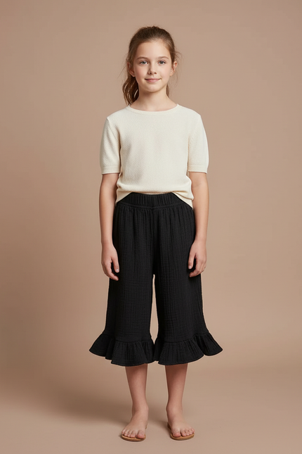 Pantalon Jupe Noir Volants Coton Fille Décontracté