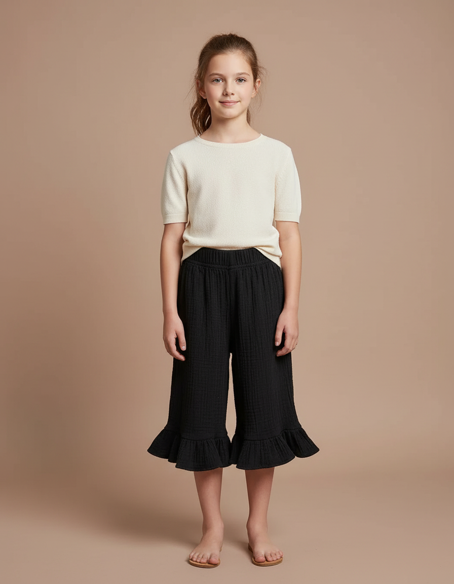 Pantalon Jupe Noir Volants Coton Fille Décontracté