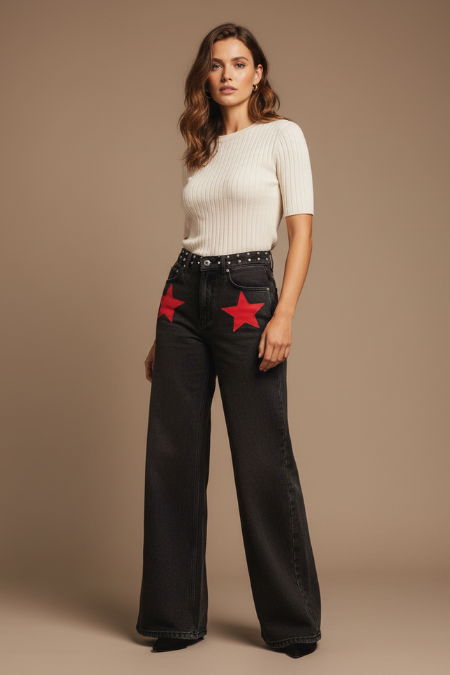 Pantalon Jupe Noir Étoiles Rouges Ample Décontracté - Jean