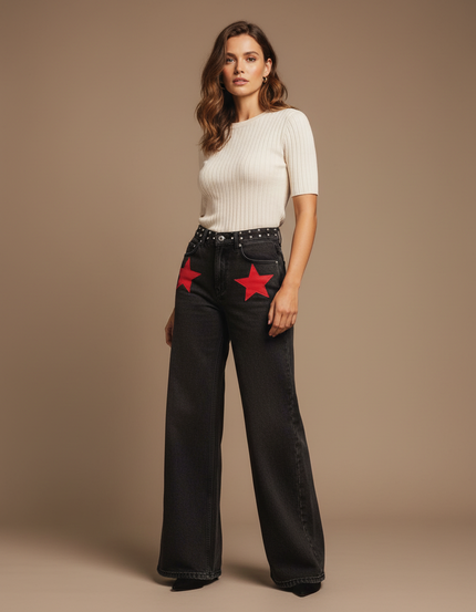 Pantalon Jupe Noir Étoiles Rouges Ample Décontracté - Jean