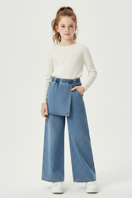 Pantalon Jupe Denim Bleu Ample Superposé Élastique Fille - Jean