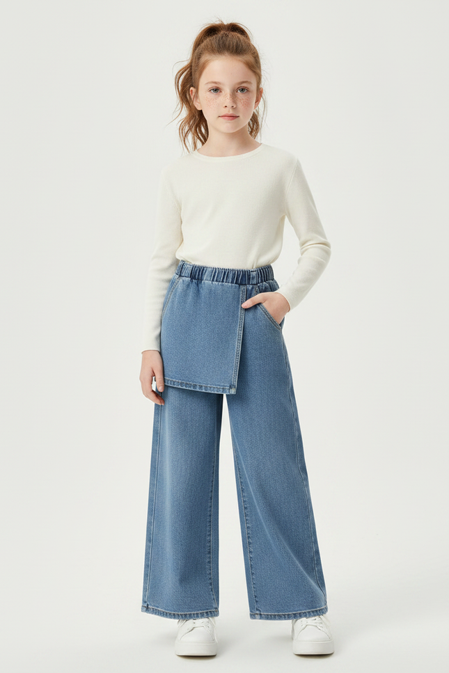 Pantalon Jupe Denim Bleu Ample Superposé Élastique Fille - Jean