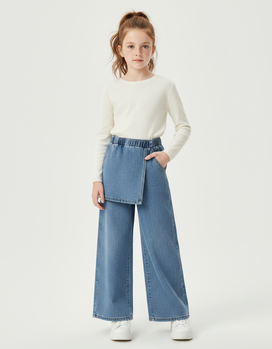 Pantalon Jupe Denim Bleu Ample Superposé Élastique Fille - Jean