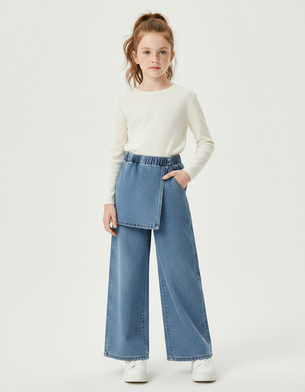 Pantalon Jupe Denim Bleu Ample Superposé Élastique Fille - Jean