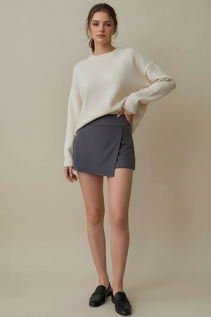 Pantalon Jupe Gris Mini Sportif Élégant Asymétrique - Polyester