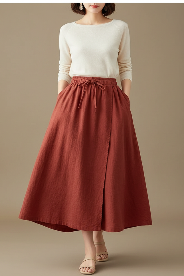 Pantalon Jupe Rouge Brique Ample Coton Lin Fendu