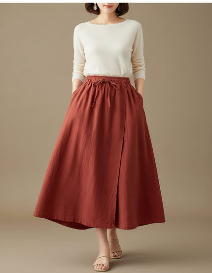 Pantalon Jupe Rouge Brique Ample Coton Lin Fendu
