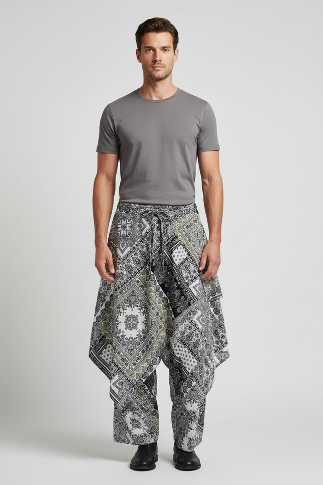 Pantalon Jupe Patchwork Bandana Asymétrique Ample Noir Blanc - Multicolore Coton