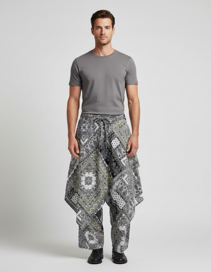 Pantalon Jupe Patchwork Bandana Asymétrique Ample Noir Blanc - Multicolore Coton