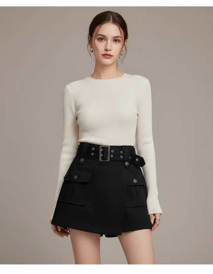 Pantalon Jupe Noir Ceinturé Cargo Décontracté Court - Gabardine