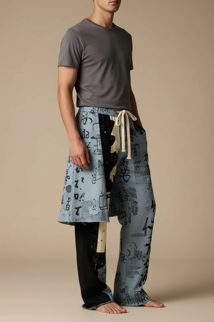 Pantalon Jupe Bleu Imprimé Calligraphie Asymétrique Décontracté Homme - Jean