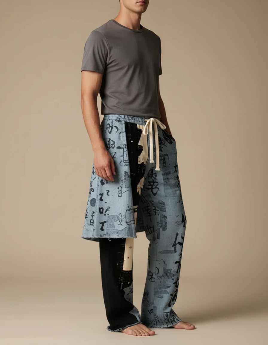 Pantalon Jupe Bleu Imprimé Calligraphie Asymétrique Décontracté Homme - Jean