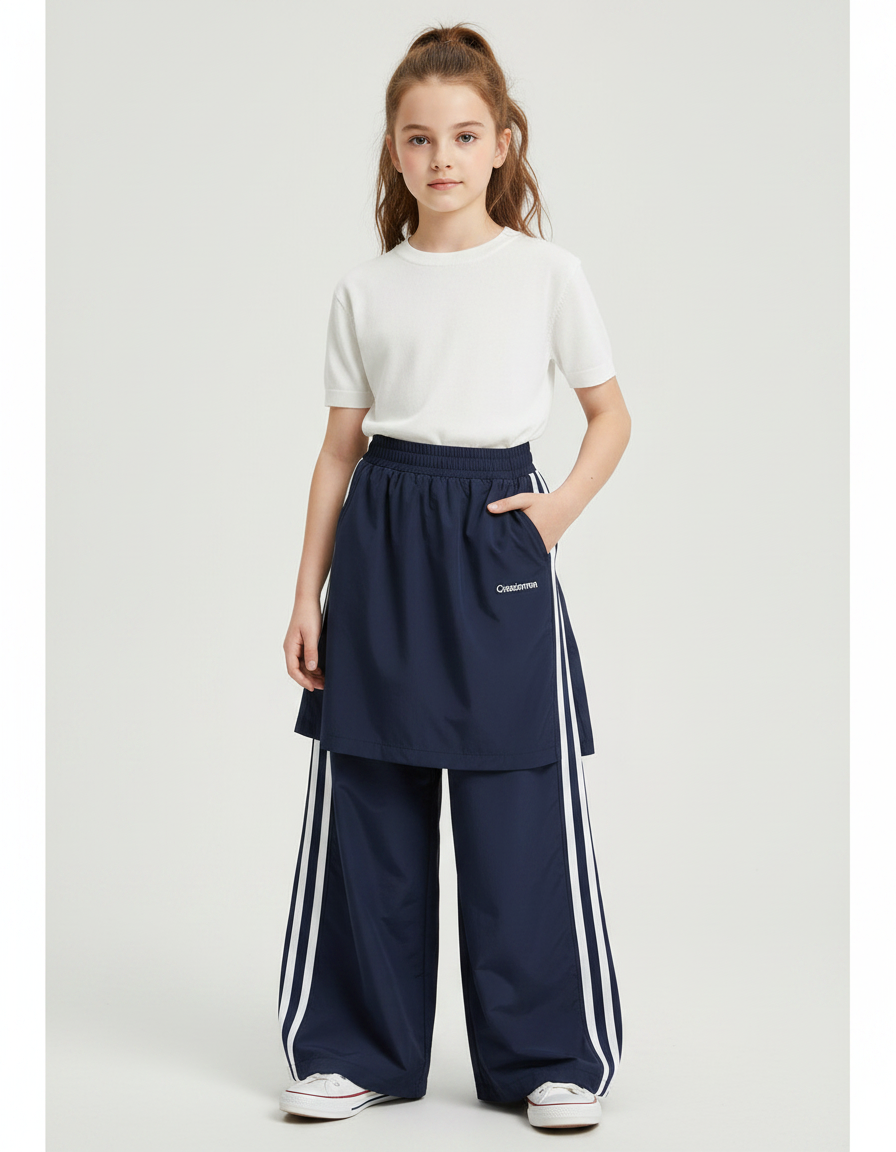 Pantalon Jupe Bleu Marine Rayures Blanches Sportif Ample - Polyester