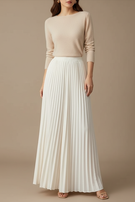 Pantalon Jupe Plissé Long Ample Élégant Femme - Blanc Polyester