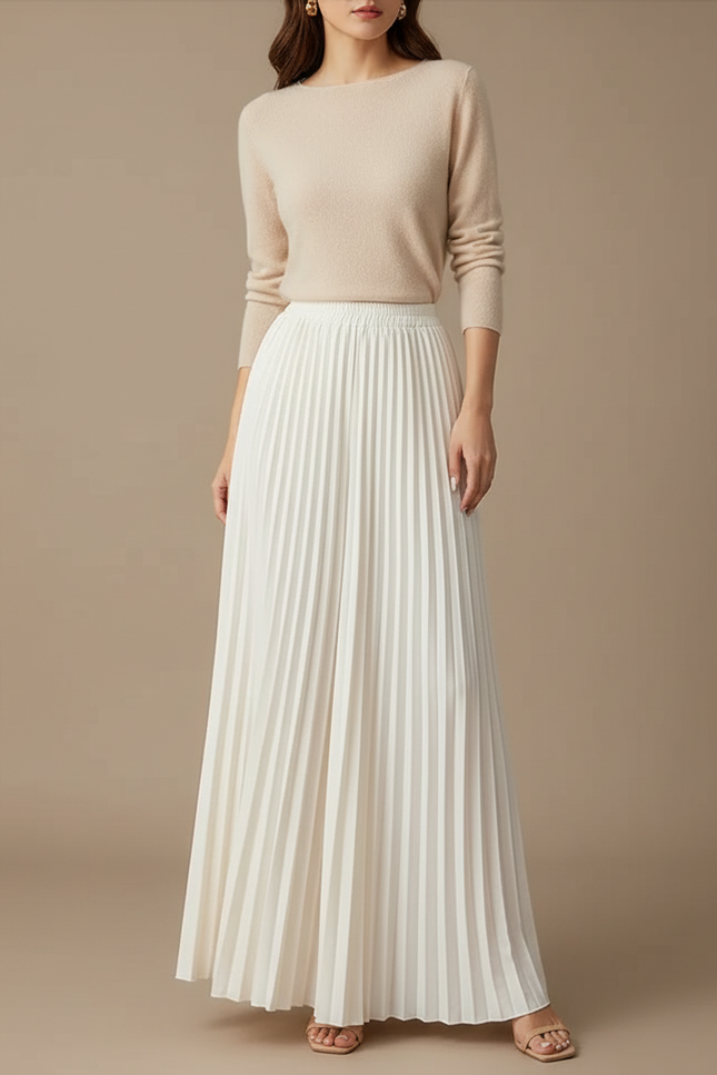 Pantalon Jupe Plissé Long Ample Élégant Femme - Blanc Polyester