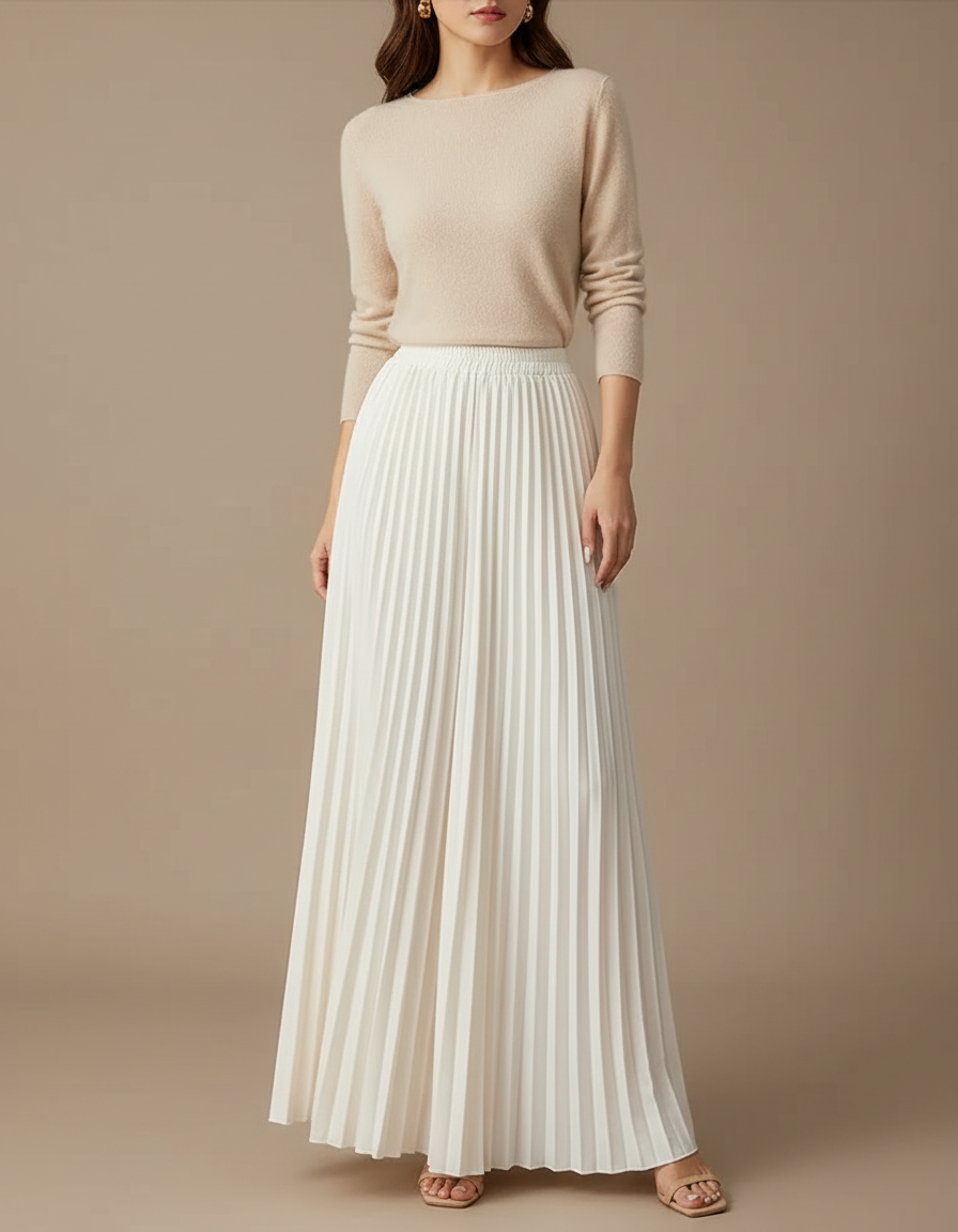 Pantalon Jupe Plissé Long Ample Élégant Femme - Blanc Polyester