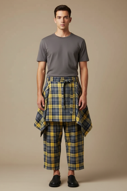 Pantalon Jupe Plaid Jaune Bleu Homme Décontracté - Coton