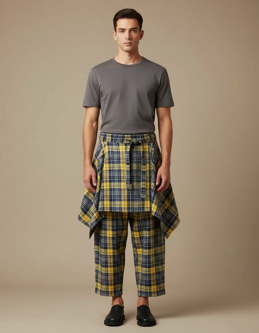 Pantalon Jupe Plaid Jaune Bleu Homme Décontracté - Coton