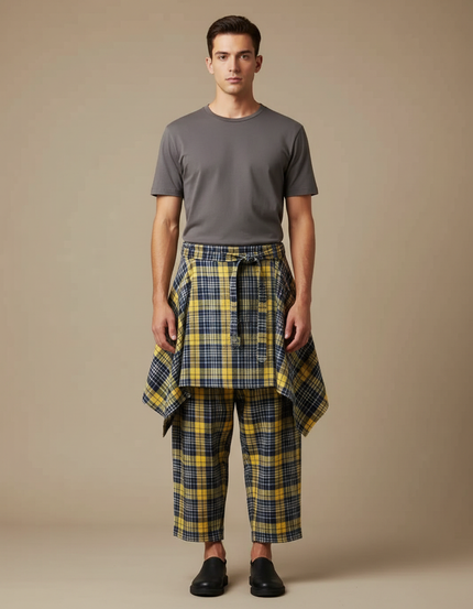 Pantalon Jupe Plaid Jaune Bleu Homme Décontracté - Coton