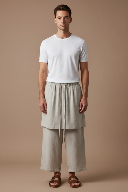 Pantalon Jupe Lin Drapé Ample Beige Homme