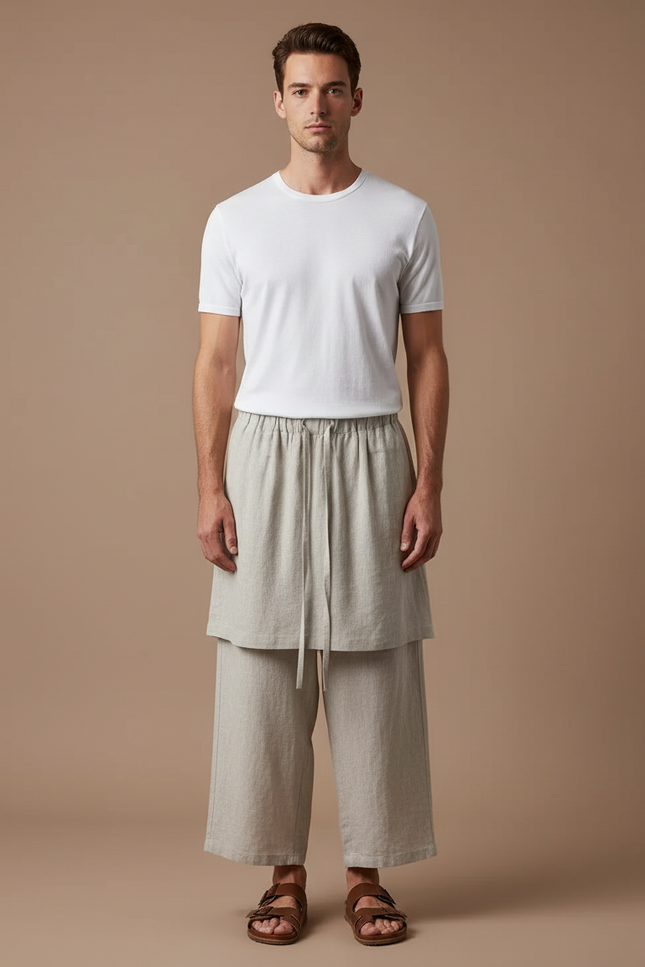 Pantalon Jupe Lin Drapé Ample Beige Homme