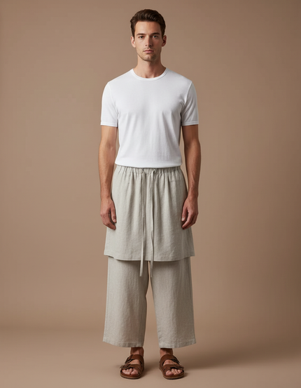 Pantalon Jupe Lin Drapé Ample Beige Homme