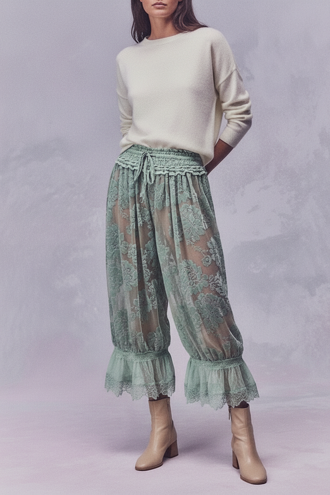 Pantalon Jupe Vert Dentelle Transparente Fluide Bouffant - Polyester